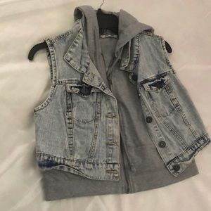 Jean jacket with an attached hoodie